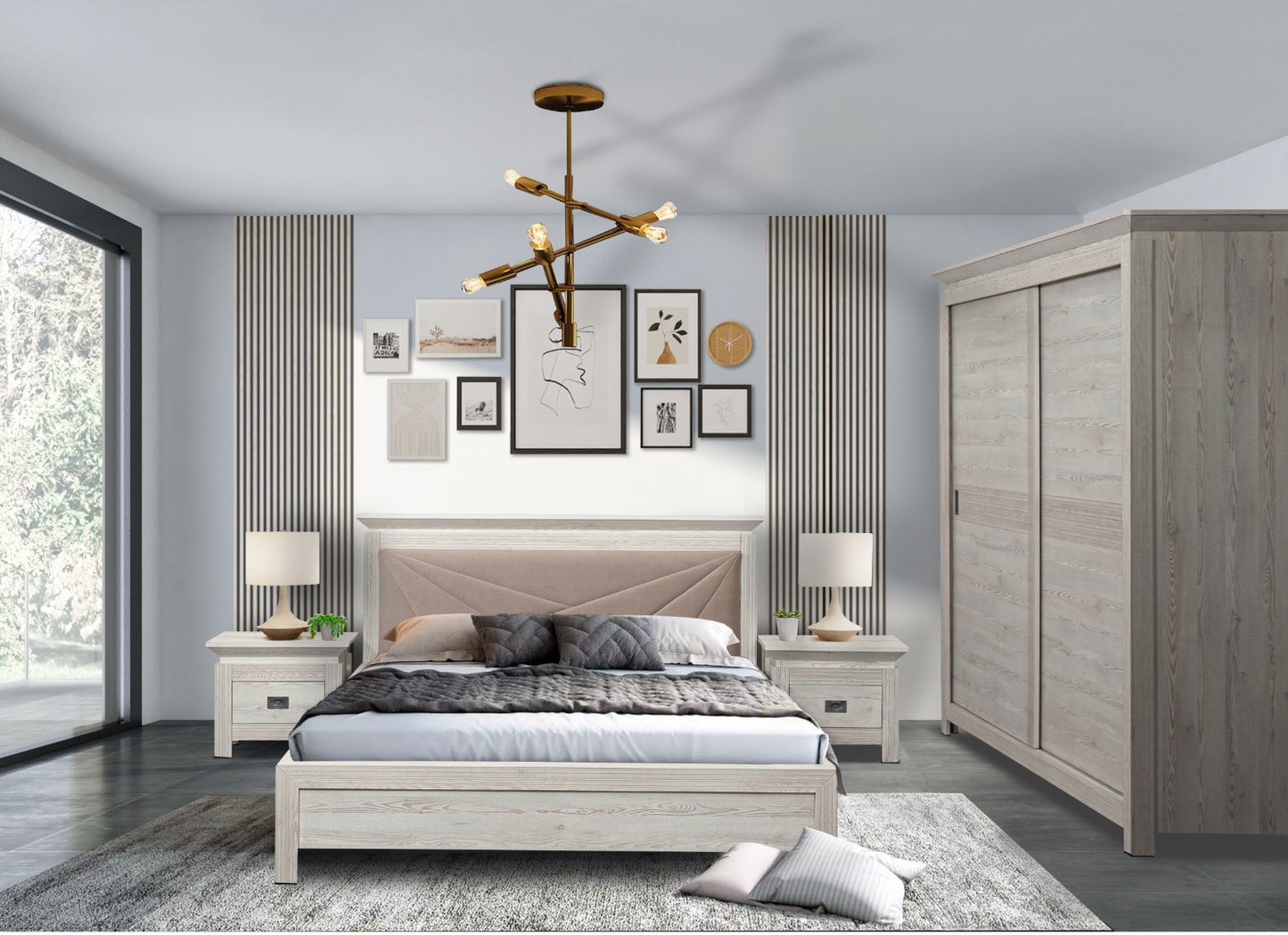 Set Dormitor Casablanca Loft, Pat Cu Dimensiune Saltea 180 X 200, Dulap De 210 Cm, 2 Noptiere