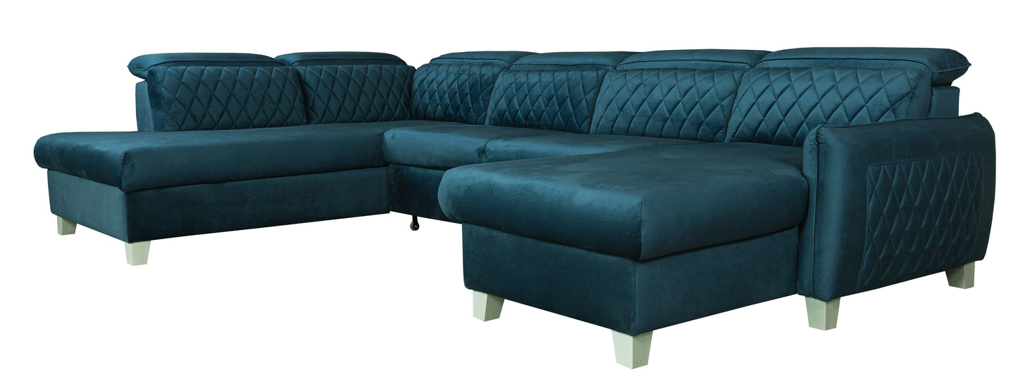 Coltar U Extensibil Tiago, Stanga, 6 Locuri, Tetiere Reglabile, Albastru 330 Cm
