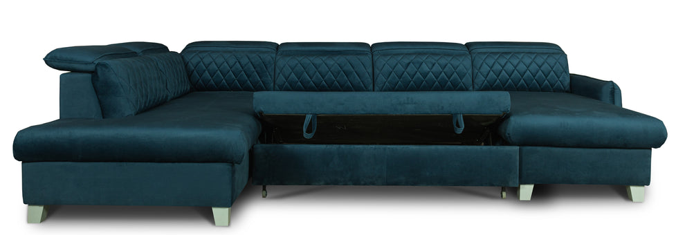 Coltar U Extensibil Tiago, Stanga, 6 Locuri, Tetiere Reglabile, Albastru 330 Cm