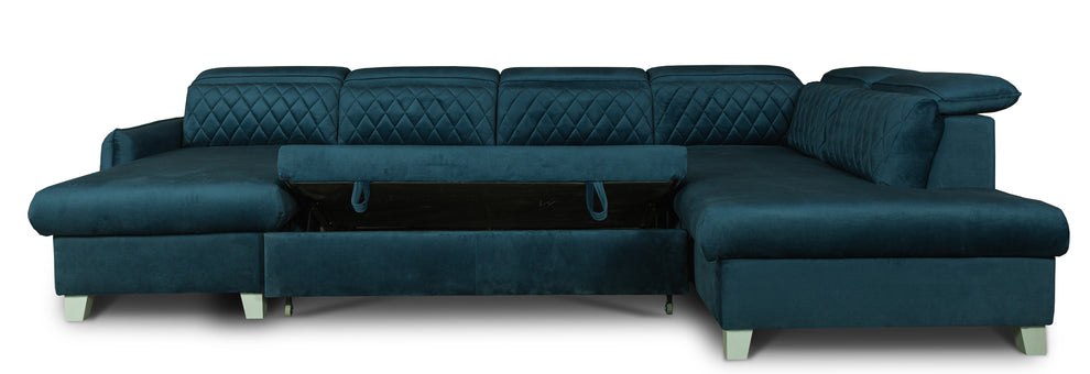 Coltar U Extensibil  Cu Lada Tiago, Dreapta, 6 Locuri, Tetiere Reglabile, Albastru 330 Cm