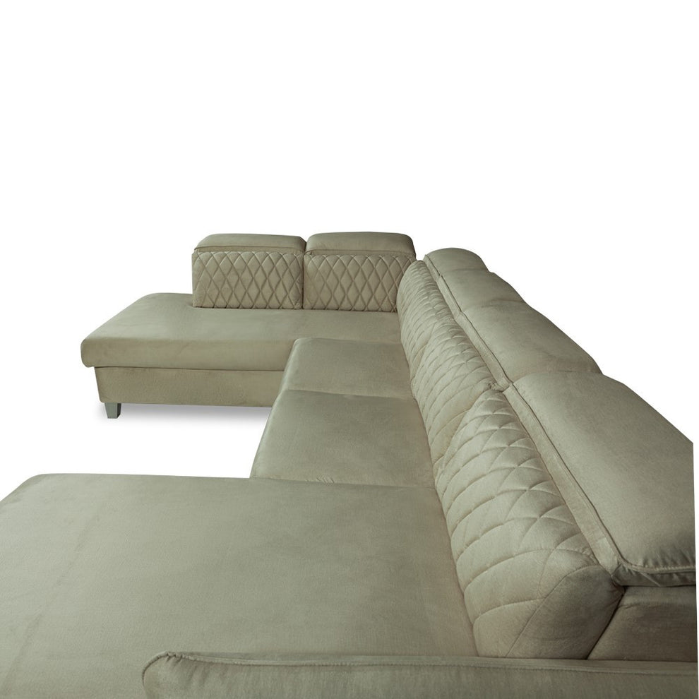 Coltar U Extensibil Tiago, Stanga, 6 Locuri, Tetiere Reglabile, Crem 330 Cm