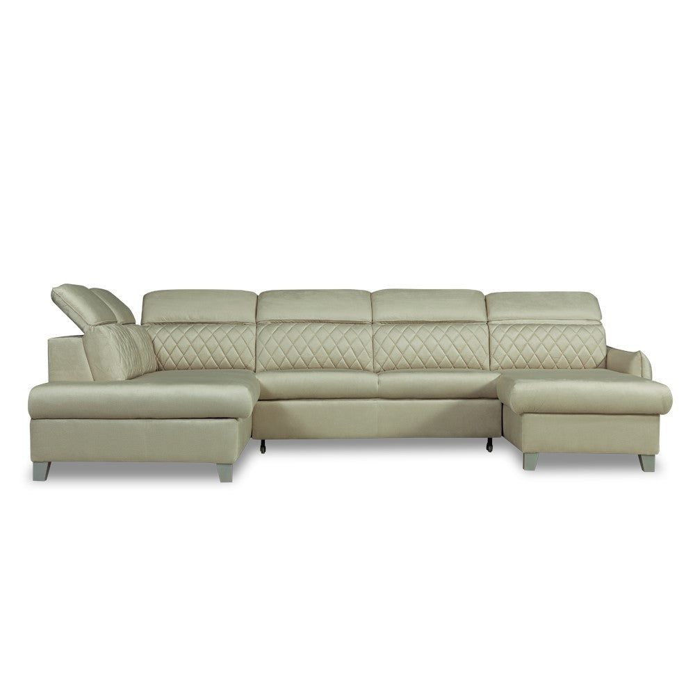 Coltar U Extensibil Tiago, Stanga, 6 Locuri, Tetiere Reglabile, Crem 330 Cm