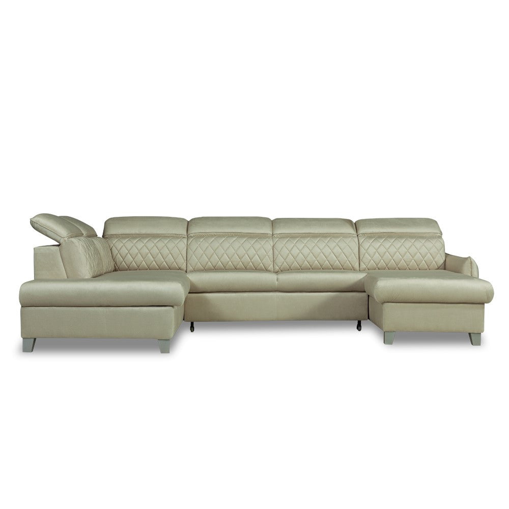 Coltar U Extensibil Tiago, Stanga, 6 Locuri, Tetiere Reglabile, Crem 330 Cm