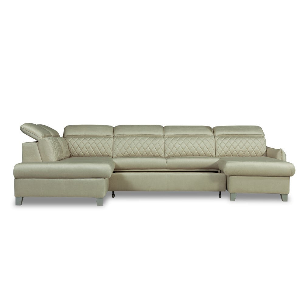 Coltar U Extensibil Tiago, Stanga, 6 Locuri, Tetiere Reglabile, Crem 330 Cm