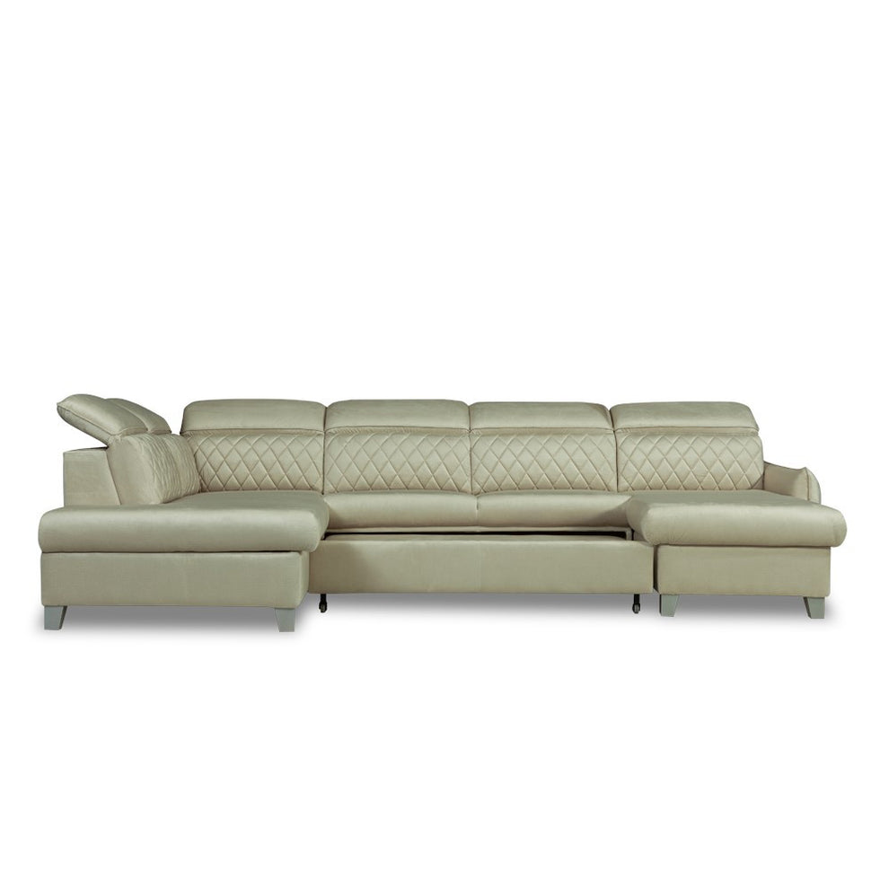 Coltar U Extensibil Tiago, Stanga, 6 Locuri, Tetiere Reglabile, Crem 330 Cm