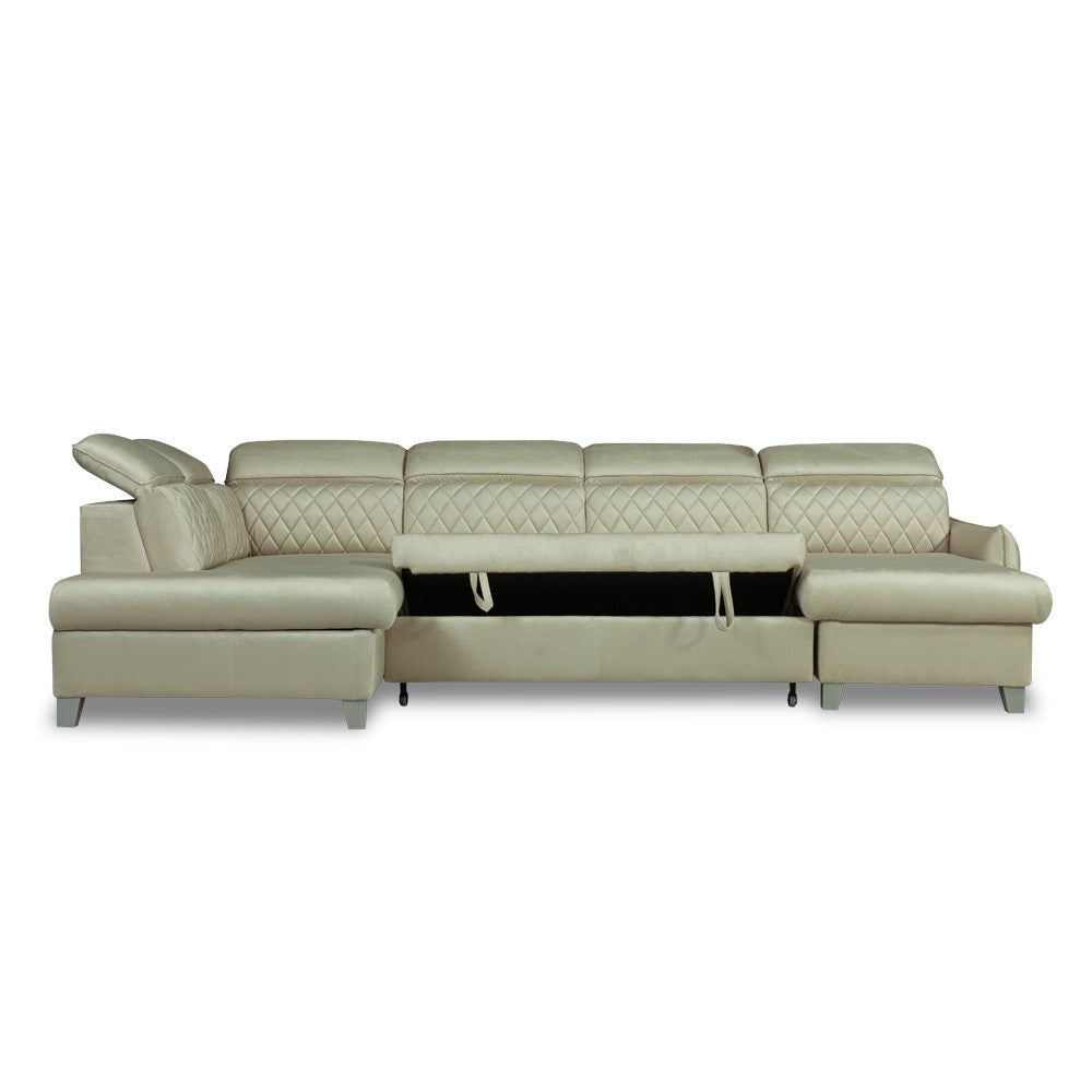 Coltar U Extensibil Tiago, Stanga, 6 Locuri, Tetiere Reglabile, Crem 330 Cm