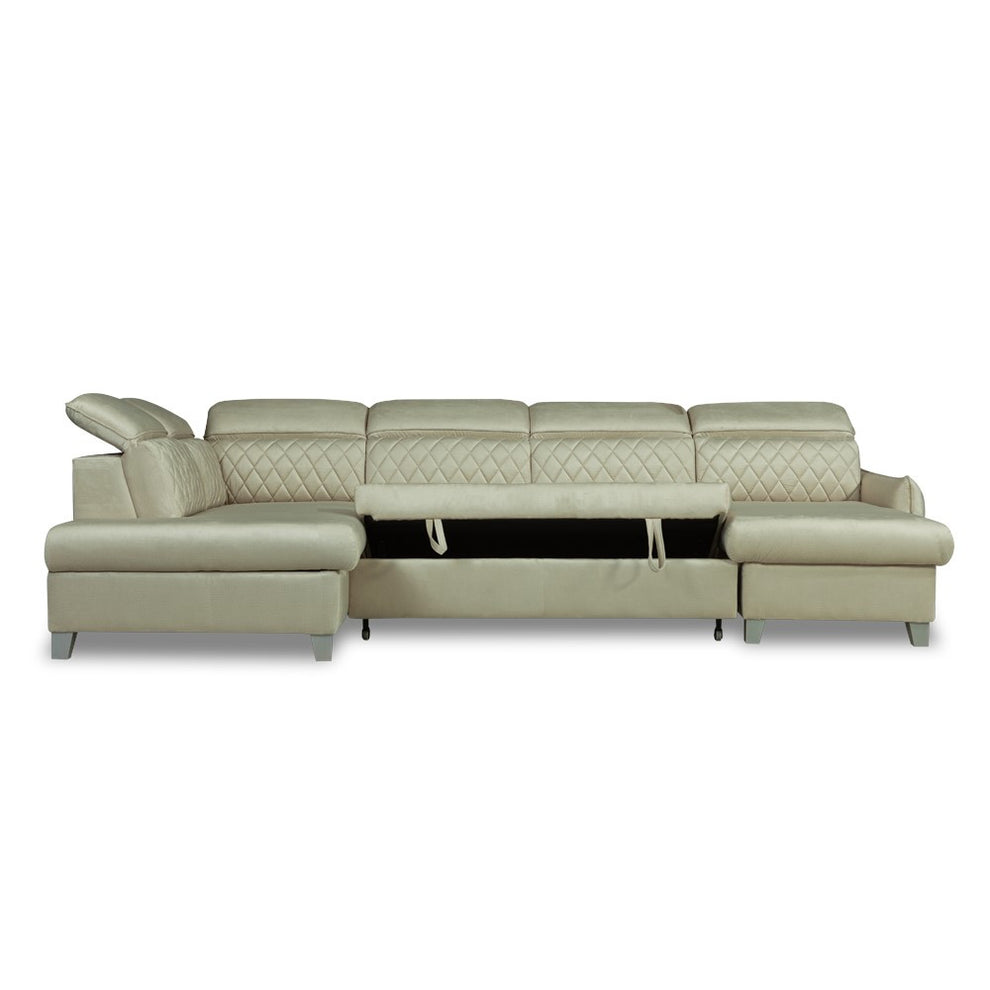 Coltar U Extensibil Tiago, Stanga, 6 Locuri, Tetiere Reglabile, Crem 330 Cm