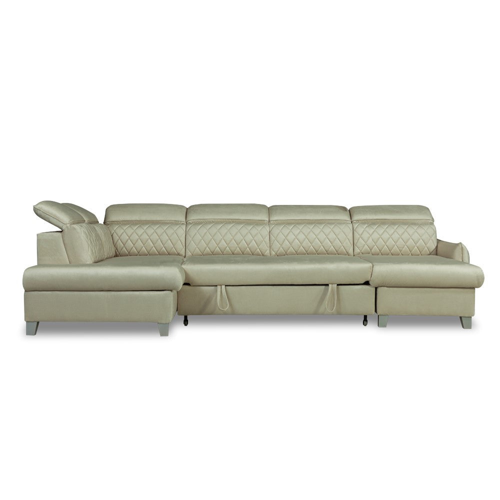 Coltar U Extensibil Tiago, Stanga, 6 Locuri, Tetiere Reglabile, Crem 330 Cm