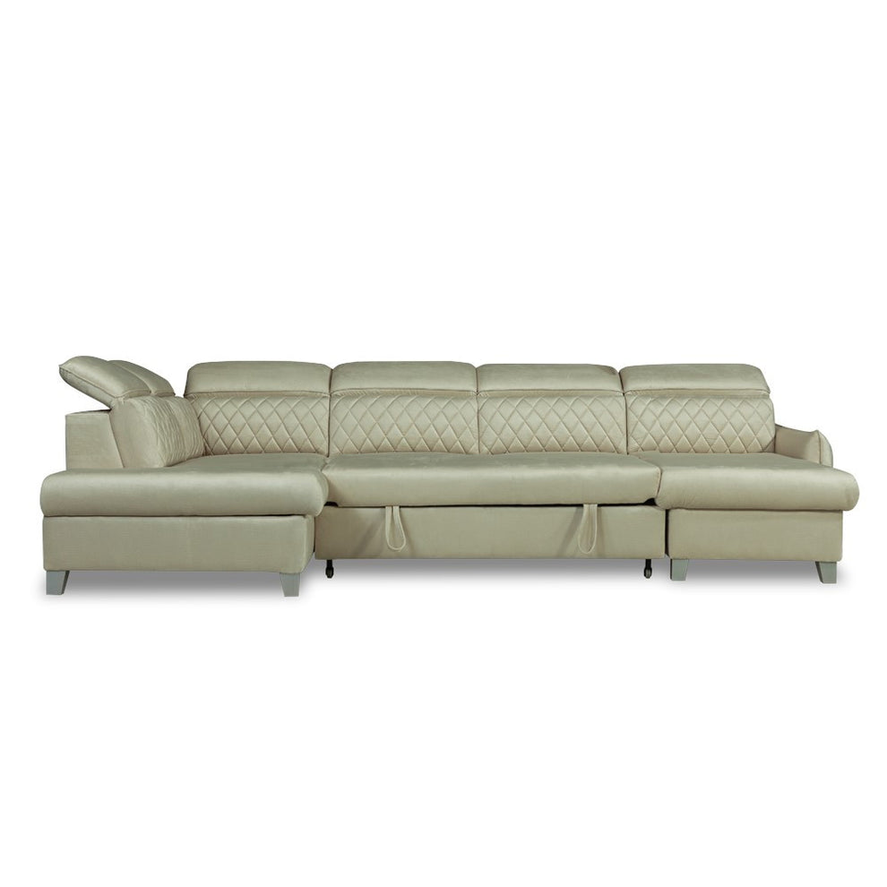 Coltar U Extensibil Tiago, Stanga, 6 Locuri, Tetiere Reglabile, Crem 330 Cm