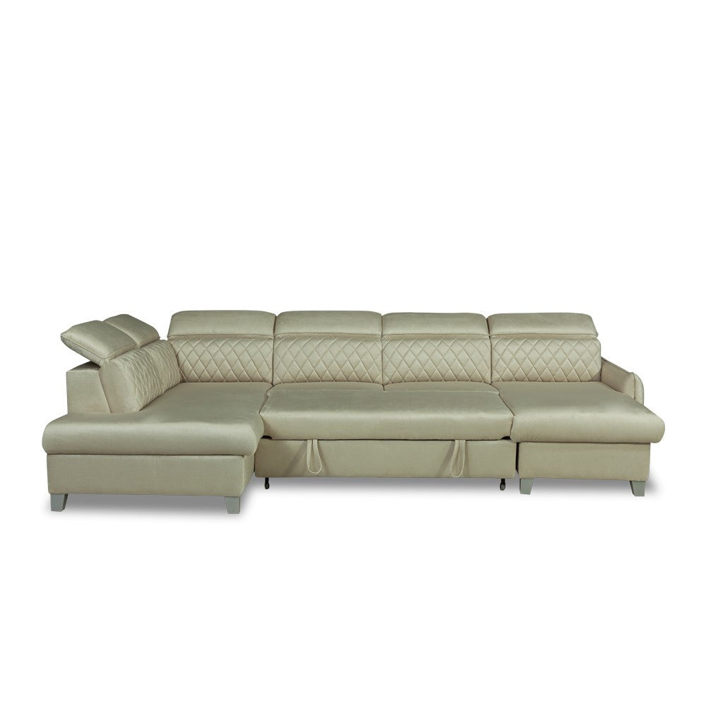 Coltar U Extensibil Tiago, Stanga, 6 Locuri, Tetiere Reglabile, Crem 330 Cm