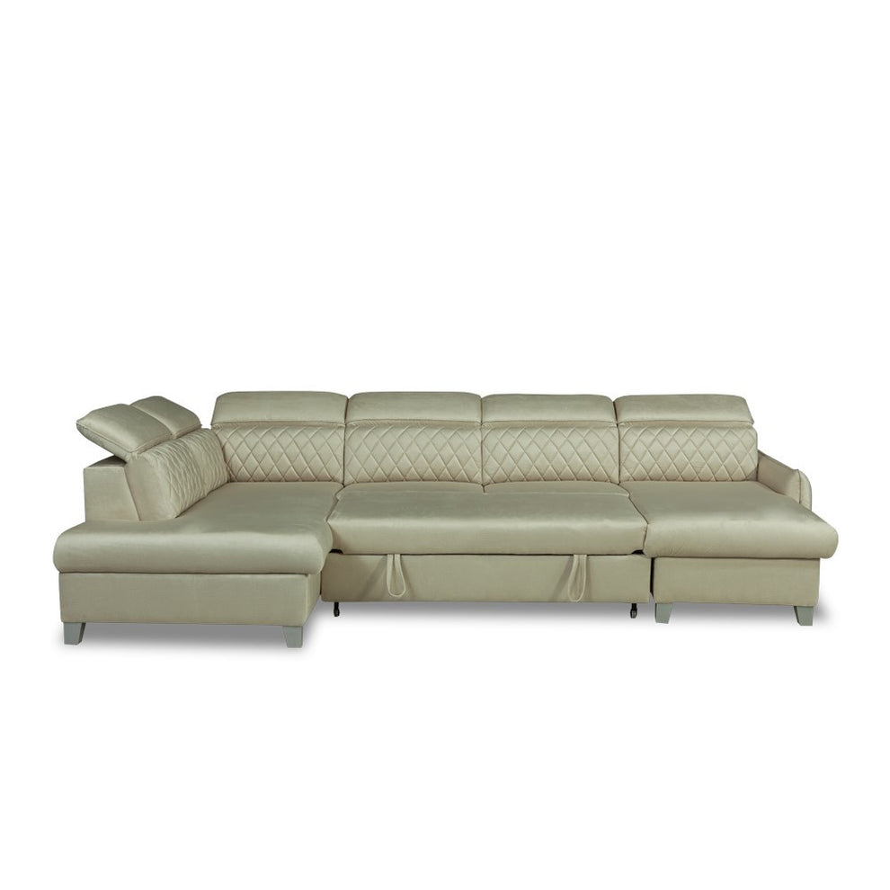 Coltar U Extensibil Tiago, Stanga, 6 Locuri, Tetiere Reglabile, Crem 330 Cm