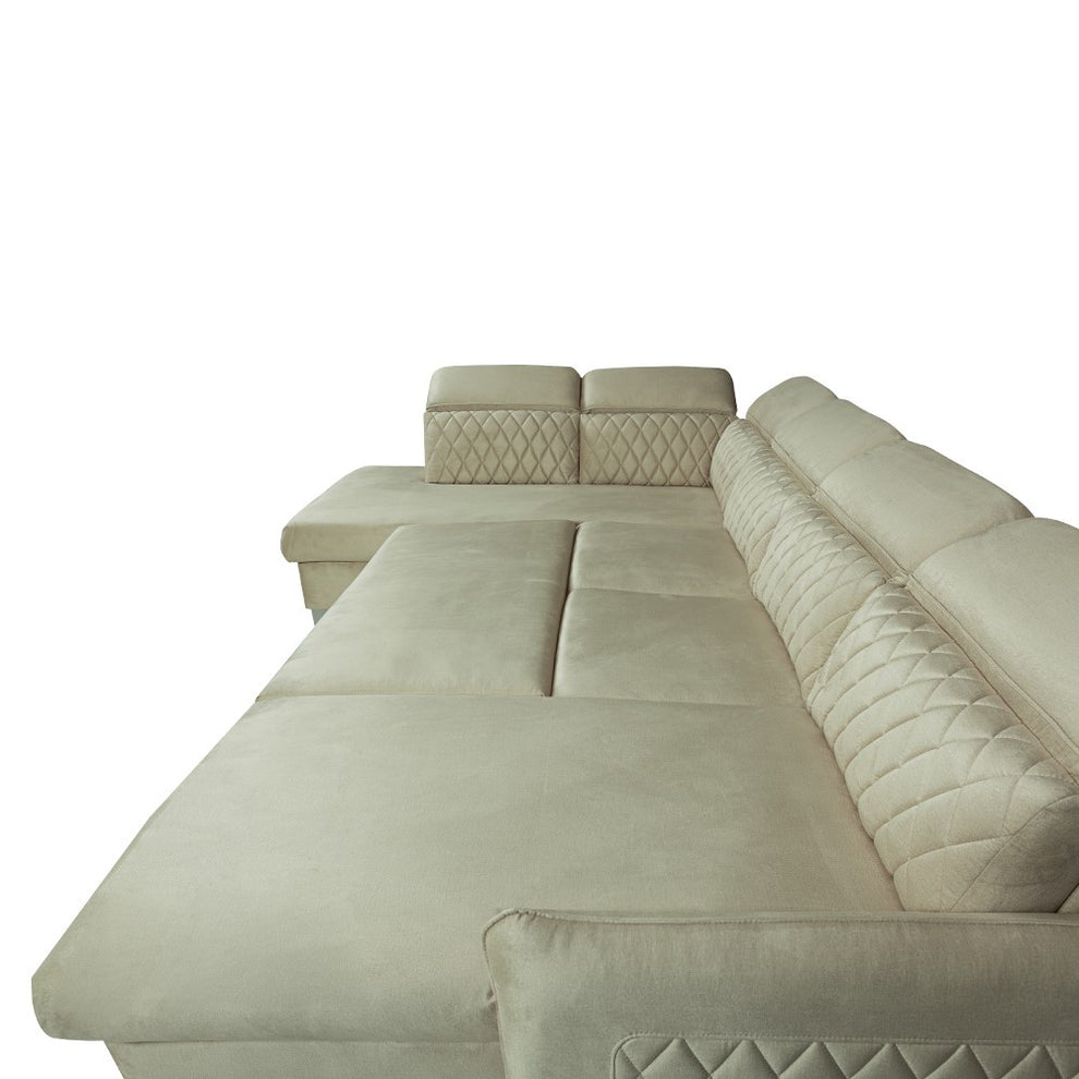 Coltar U Extensibil Tiago, Stanga, 6 Locuri, Tetiere Reglabile, Crem 330 Cm