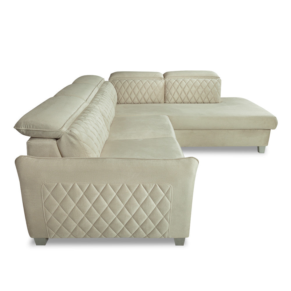 Coltar Extensibil Cu Otoman Dreapta Cu Lada Tiago, 5 Locuri, Tetiere Reglabile, Crem, 255 Cm