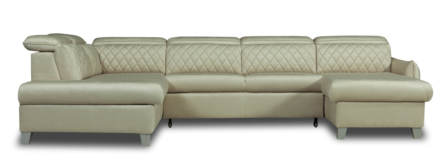 Coltar U Extensibil Cu Lada Tiago, Stanga, 6 Locuri, Tetiere Reglabile, Crem 330 Cm
