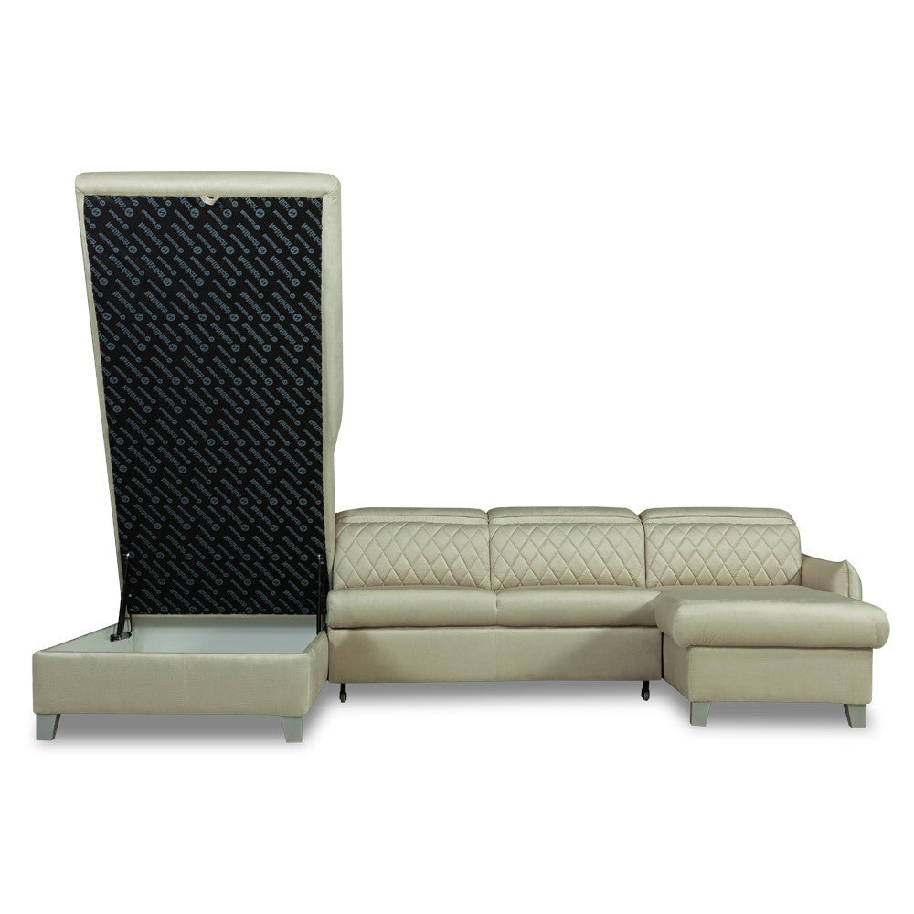 Coltar U Extensibil Cu Lada Tiago, Stanga, 6 Locuri, Tetiere Reglabile, Crem 330 Cm