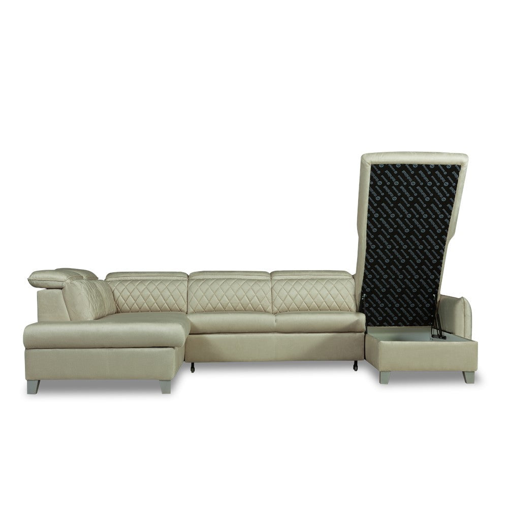 Coltar U Extensibil Cu Lada Tiago, Stanga, 6 Locuri, Tetiere Reglabile, Crem 330 Cm