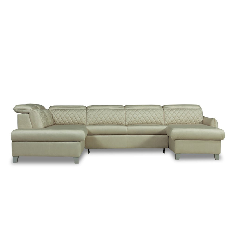 Coltar U Extensibil Cu Lada Tiago, Stanga, 6 Locuri, Tetiere Reglabile, Crem 330 Cm