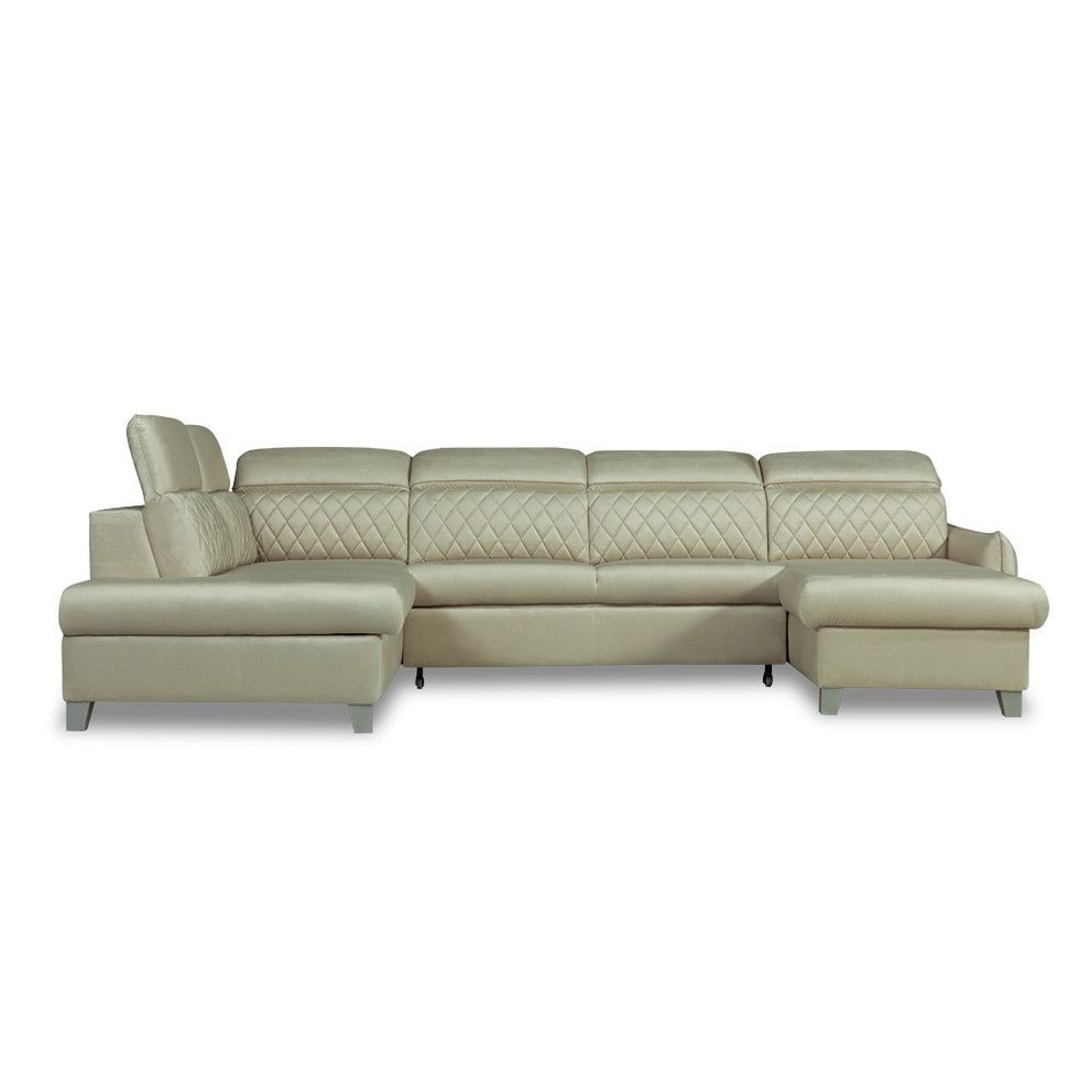 Coltar U Extensibil Cu Lada Tiago, Stanga, 6 Locuri, Tetiere Reglabile, Crem 330 Cm