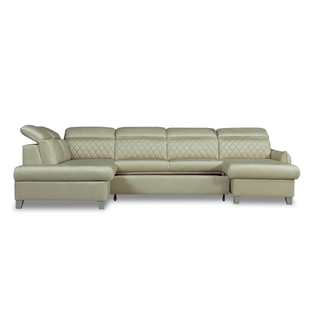 Coltar U Extensibil Cu Lada Tiago, Stanga, 6 Locuri, Tetiere Reglabile, Crem 330 Cm