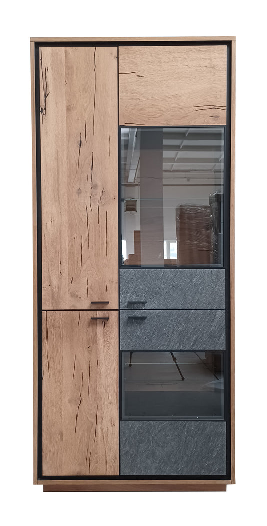 Vitrina Stone Cu 4 Usi Natur, Gri Si Negru, 86 Cm-Resigilat