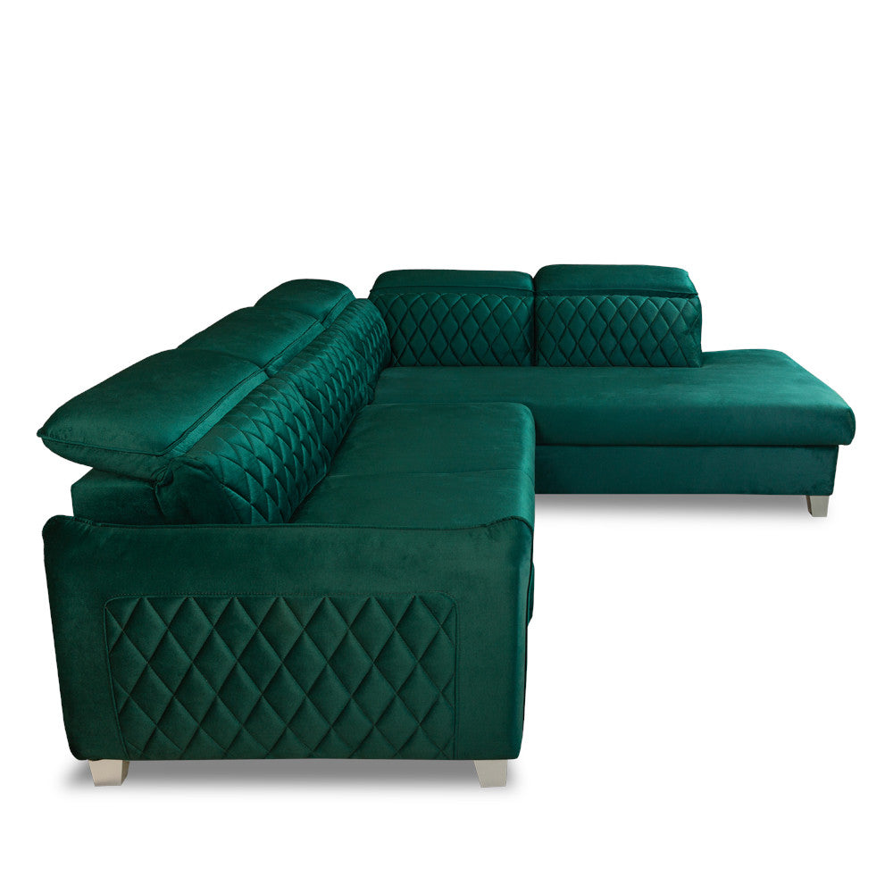 Coltar Extensibil Cu Otoman Dreapta Tiago, 5 Locuri, Tetiere Reglabile, Verde, 255 Cm