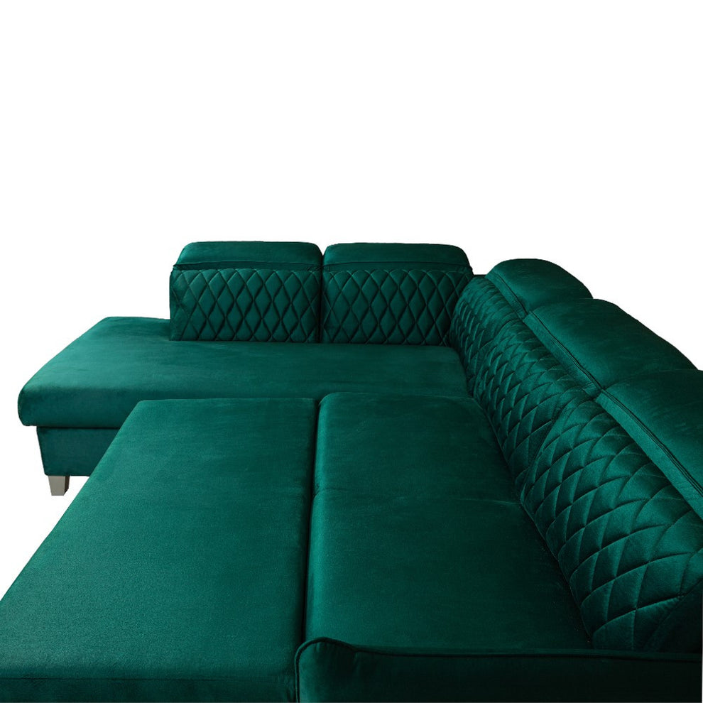 Coltar Extensibil Cu Otoman Stanga Tiago, 5 Locuri, Tetiere Reglabile, Verde, 255 Cm
