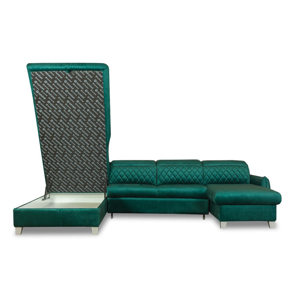 Coltar U Extensibil Cu Lada Tiago, Stanga, 6 Locuri, Tetiere Reglabile, Verde 330 Cm MONOLITH 37