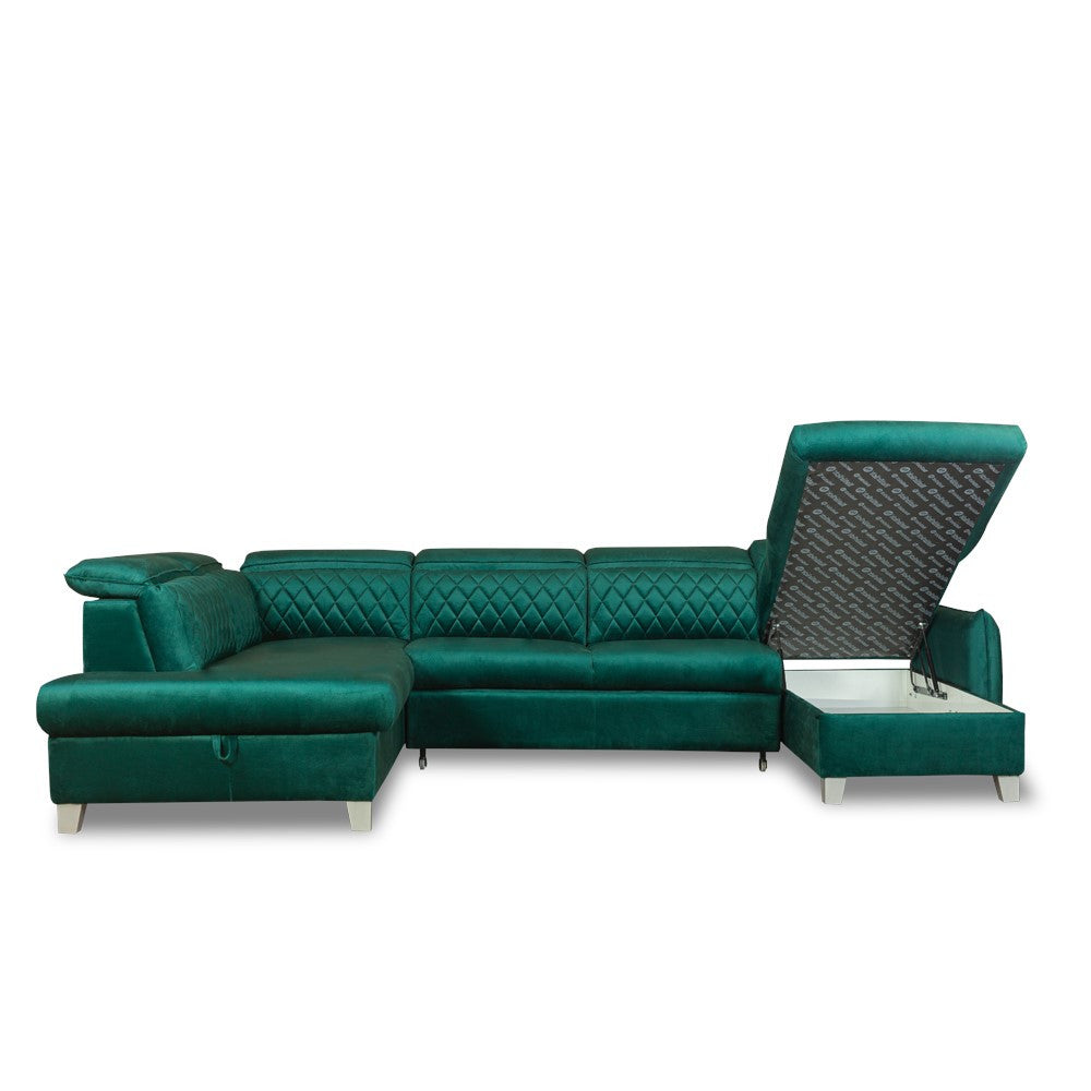 Coltar U Extensibil Cu Lada Tiago, Stanga, 6 Locuri, Tetiere Reglabile, Verde 330 Cm MONOLITH 37
