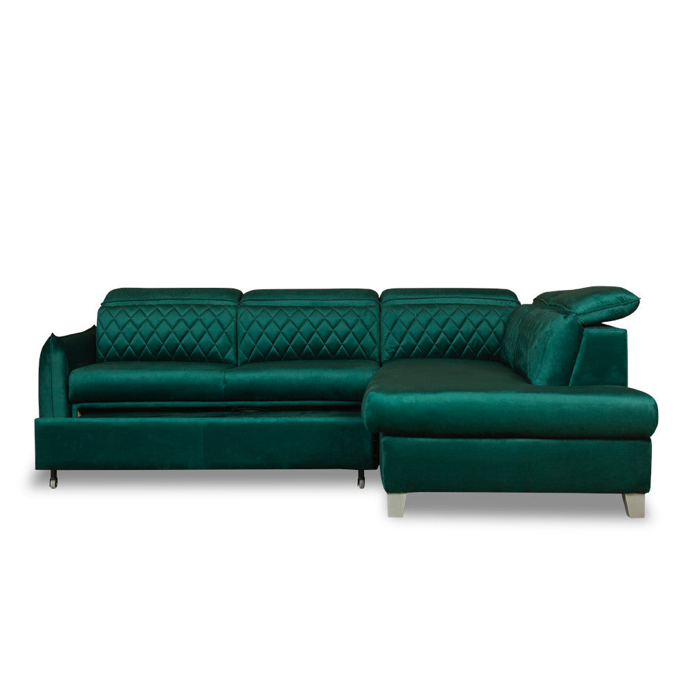Coltar Extensibil Cu Otoman Dreapta Cu Lada Tiago, 5 Locuri, Tetiere Reglabile, Verde, 255 Cm