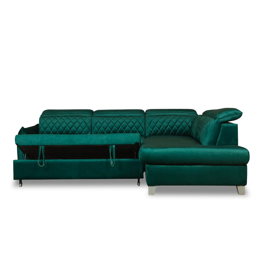 Coltar Extensibil Cu Otoman Dreapta Cu Lada Tiago, 5 Locuri, Tetiere Reglabile, Verde, 255 Cm