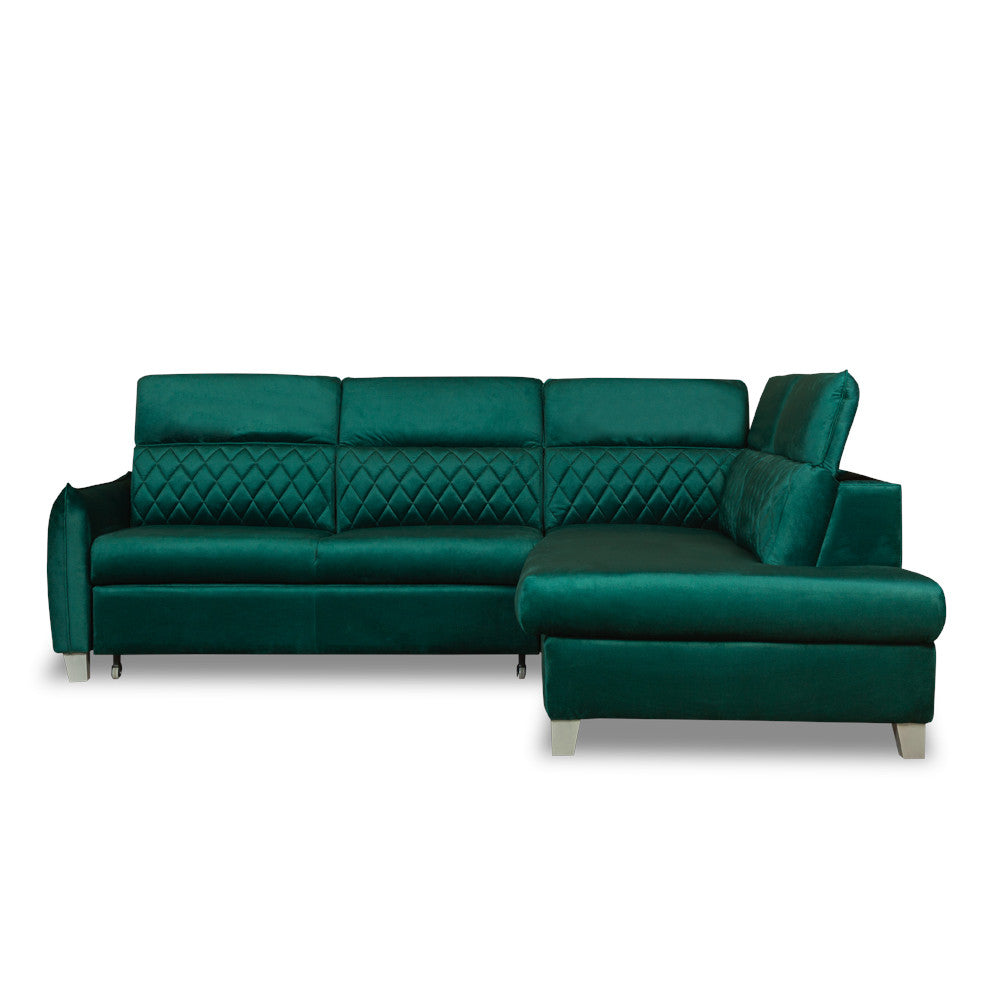 Coltar Extensibil Cu Otoman Dreapta Cu Lada Tiago, 5 Locuri, Tetiere Reglabile, Verde, 255 Cm