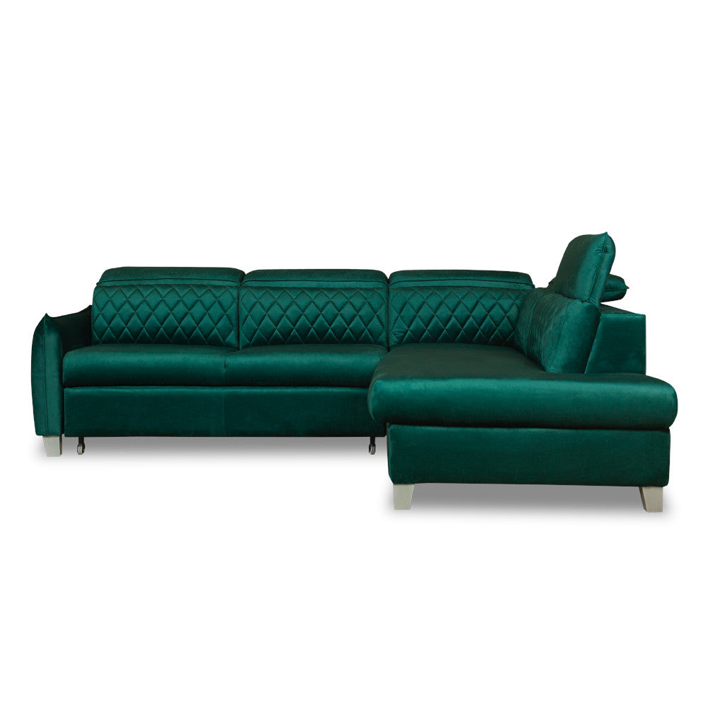 Coltar Extensibil Cu Otoman Dreapta Cu Lada Tiago, 5 Locuri, Tetiere Reglabile, Verde, 255 Cm