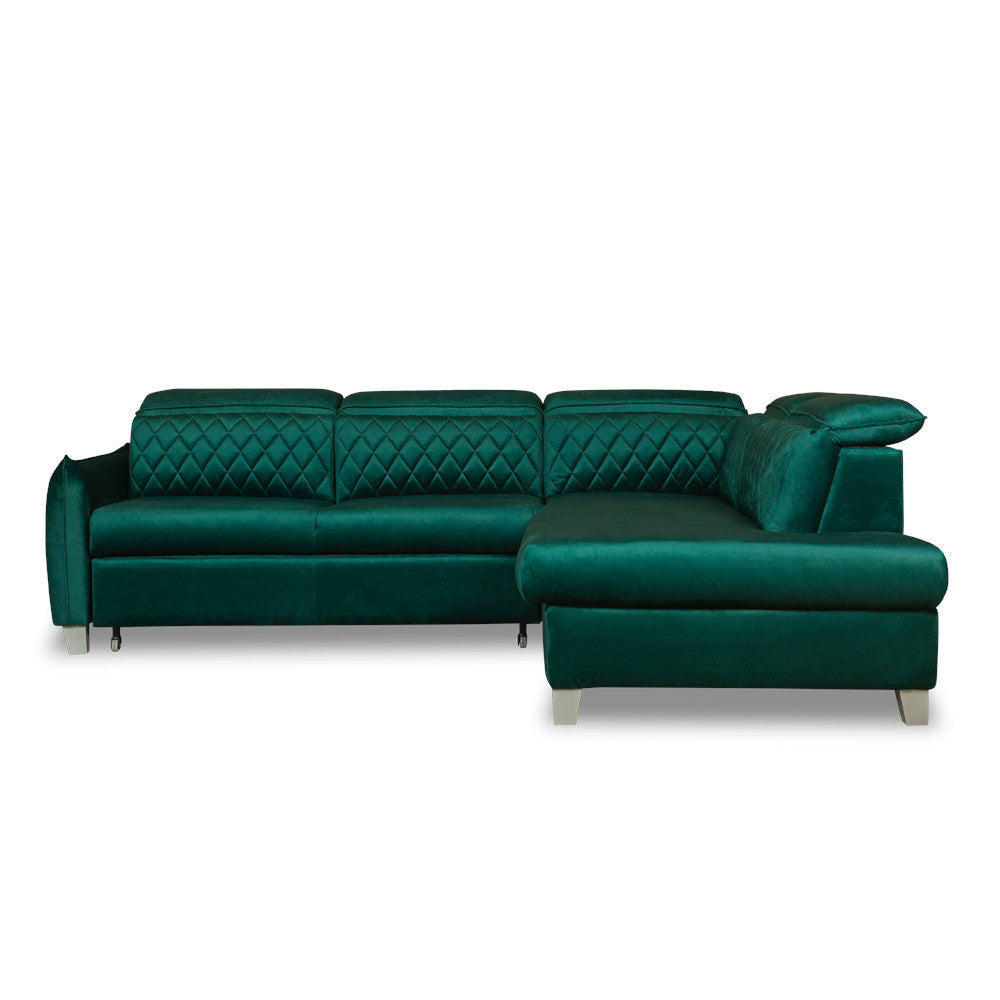 Coltar Extensibil Cu Otoman Dreapta Cu Lada Tiago, 5 Locuri, Tetiere Reglabile, Verde, 255 Cm