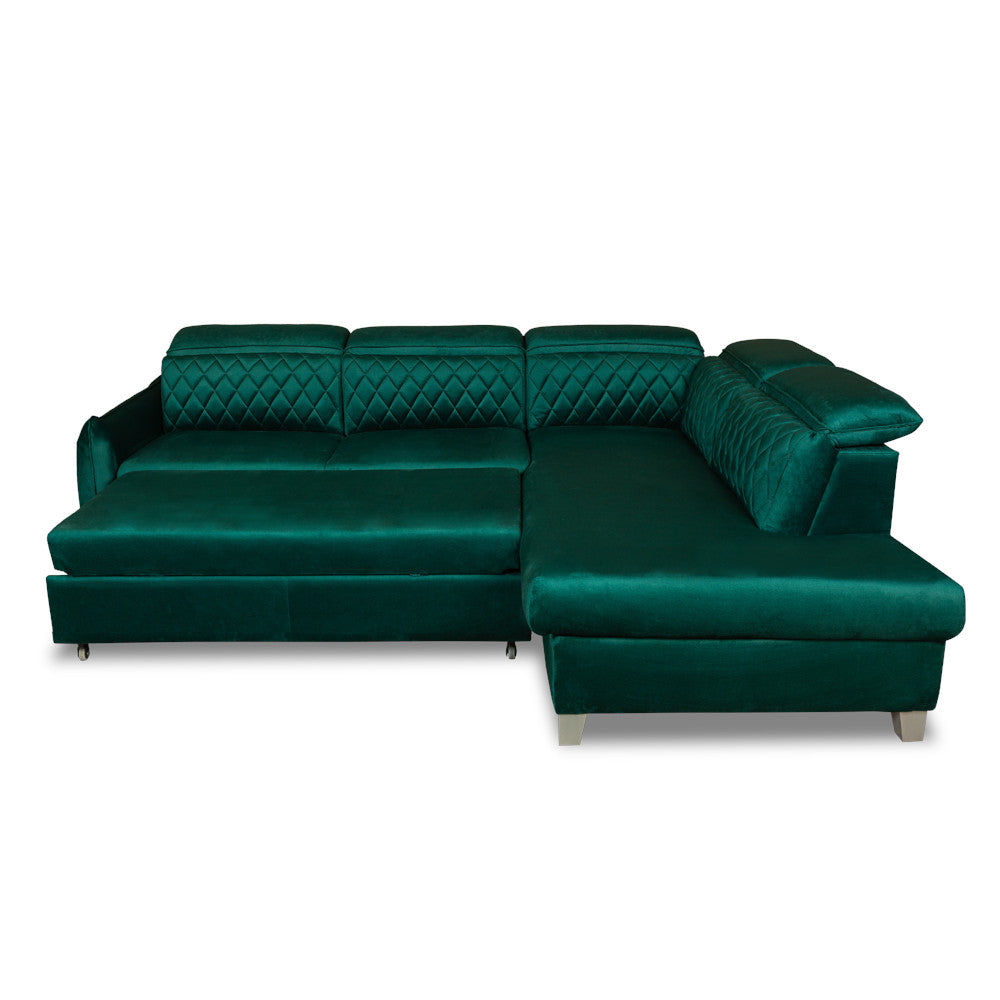 Coltar Extensibil Cu Otoman Dreapta Cu Lada Tiago, 5 Locuri, Tetiere Reglabile, Verde, 255 Cm