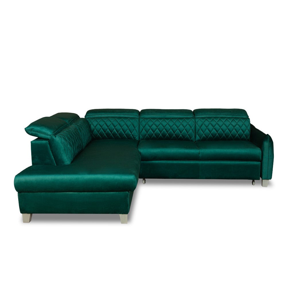 Coltar Extensibil Cu Otoman Stanga Cu Lada Tiago, 5 Locuri, Tetiere Reglabile, Verde, 255 Cm