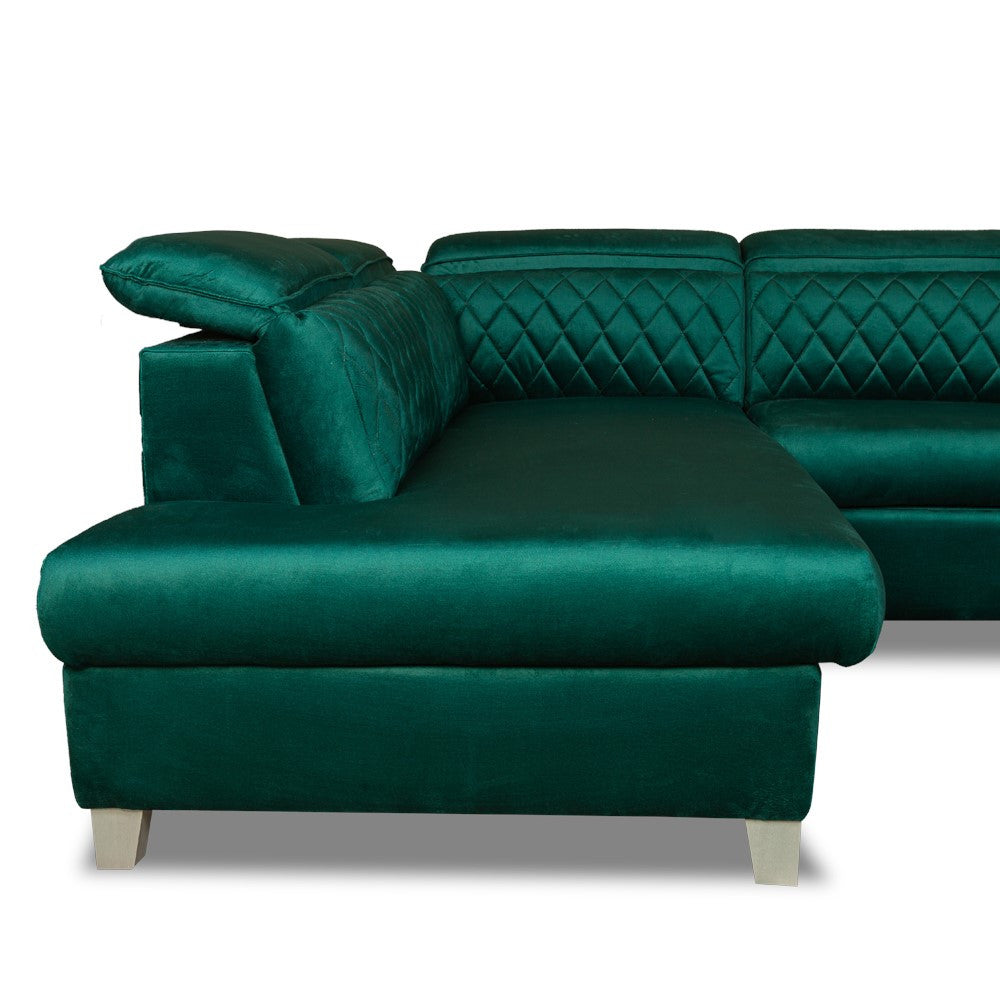 Coltar Extensibil Cu Otoman Stanga Cu Lada Tiago, 5 Locuri, Tetiere Reglabile, Verde, 255 Cm