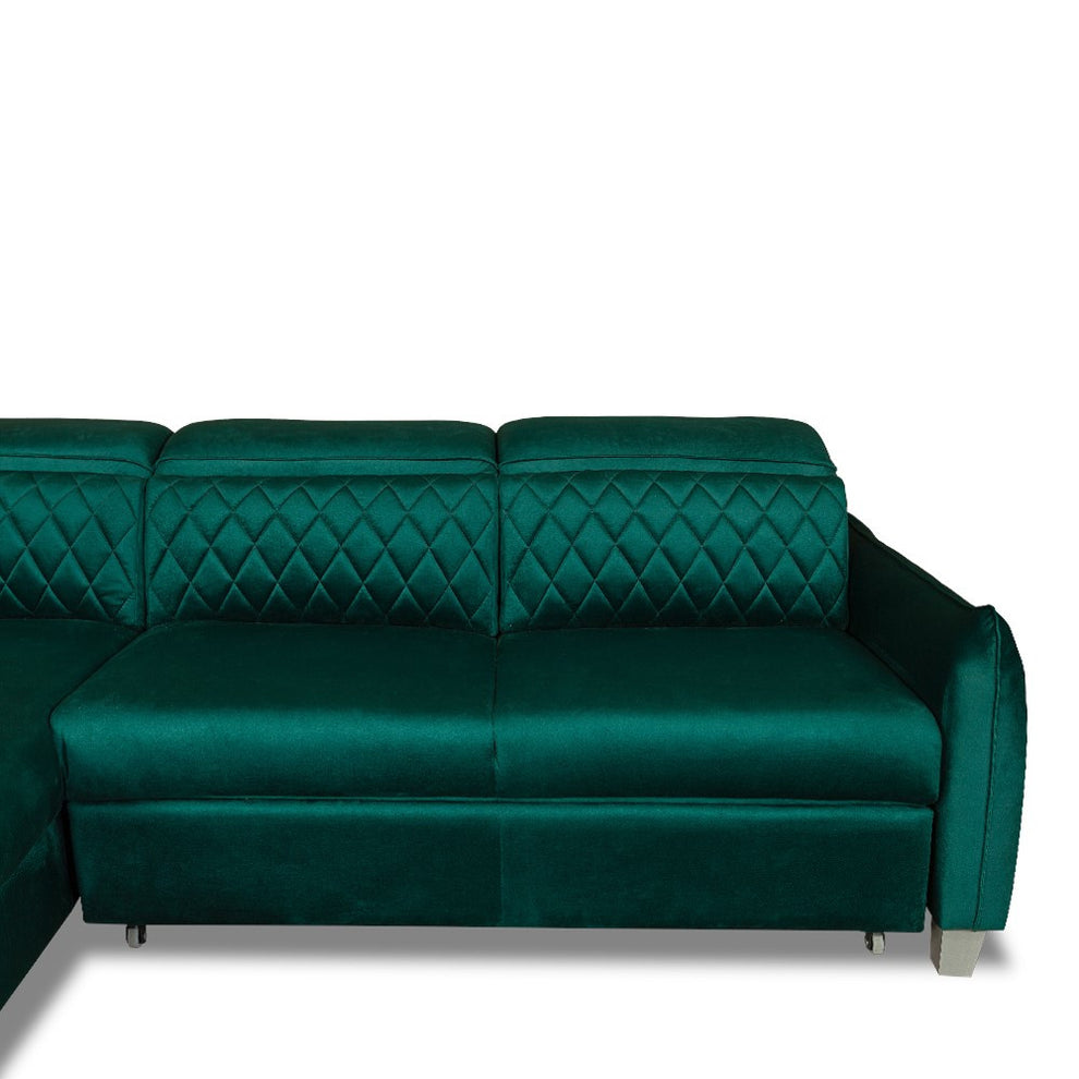 Coltar Extensibil Cu Otoman Stanga Cu Lada Tiago, 5 Locuri, Tetiere Reglabile, Verde, 255 Cm