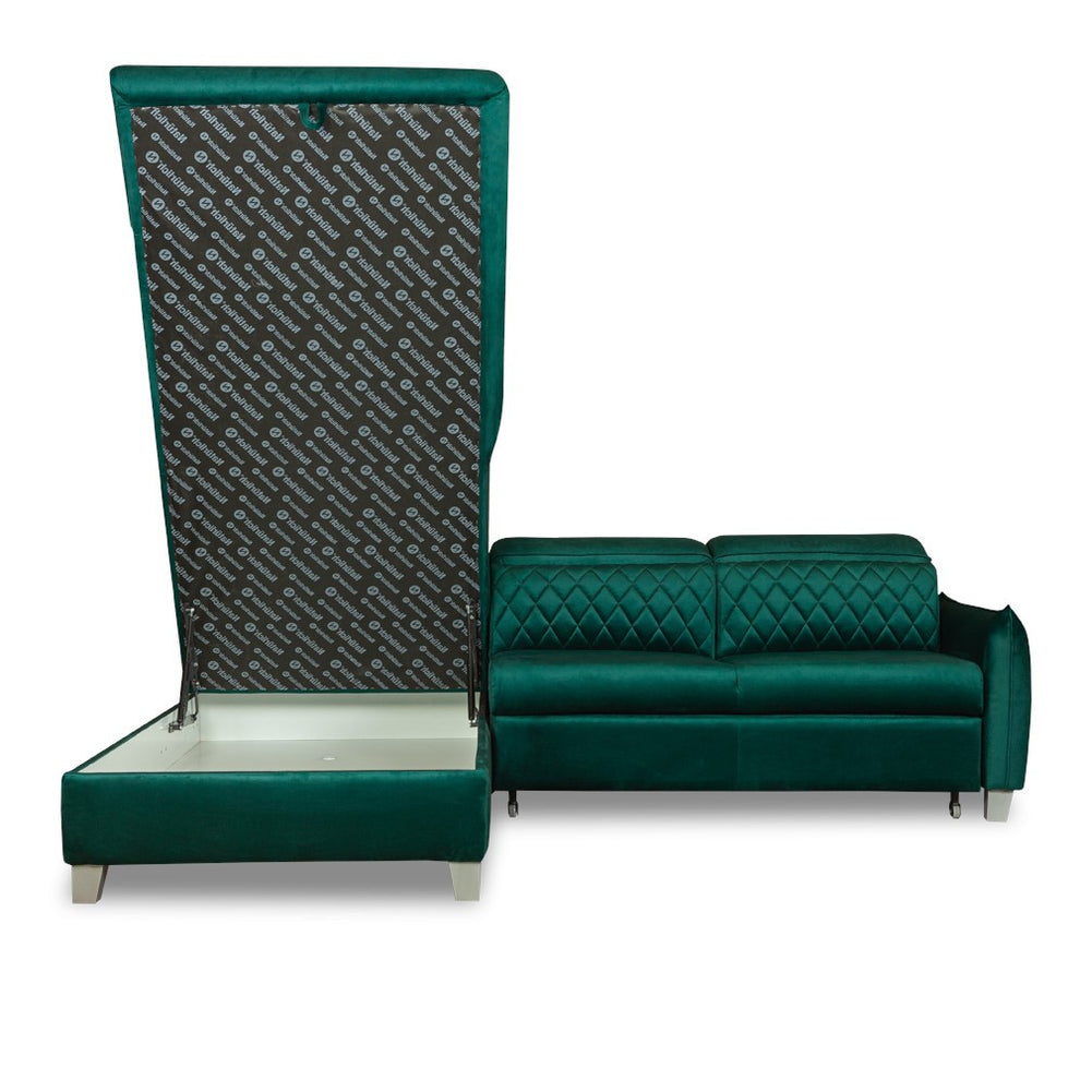 Coltar Extensibil Cu Otoman Stanga Cu Lada Tiago, 5 Locuri, Tetiere Reglabile, Verde, 255 Cm