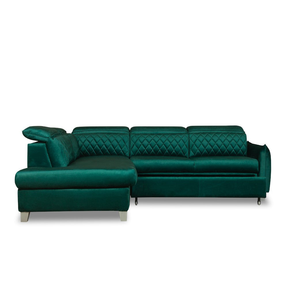 Coltar Extensibil Cu Otoman Stanga Cu Lada Tiago, 5 Locuri, Tetiere Reglabile, Verde, 255 Cm