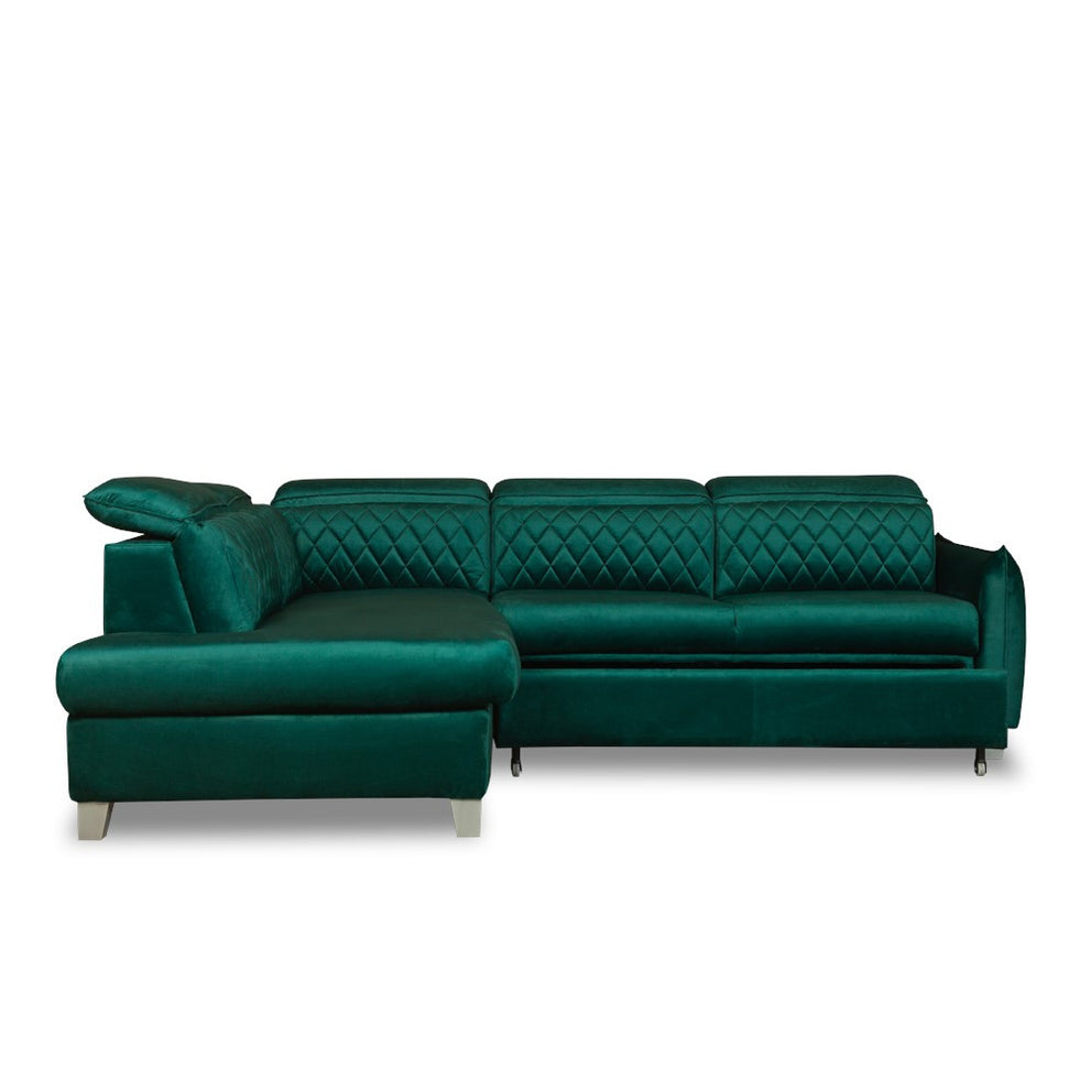 Coltar Extensibil Cu Otoman Stanga Cu Lada Tiago, 5 Locuri, Tetiere Reglabile, Verde, 255 Cm
