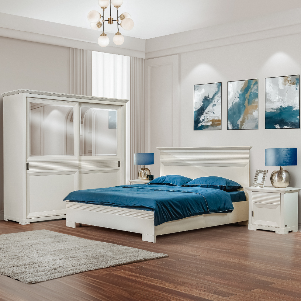 Set Dormitor Verona Bianco, Pat Cu Dimensiune saltea 180 X 200 Cm, 2 Noptiere Si Dulap