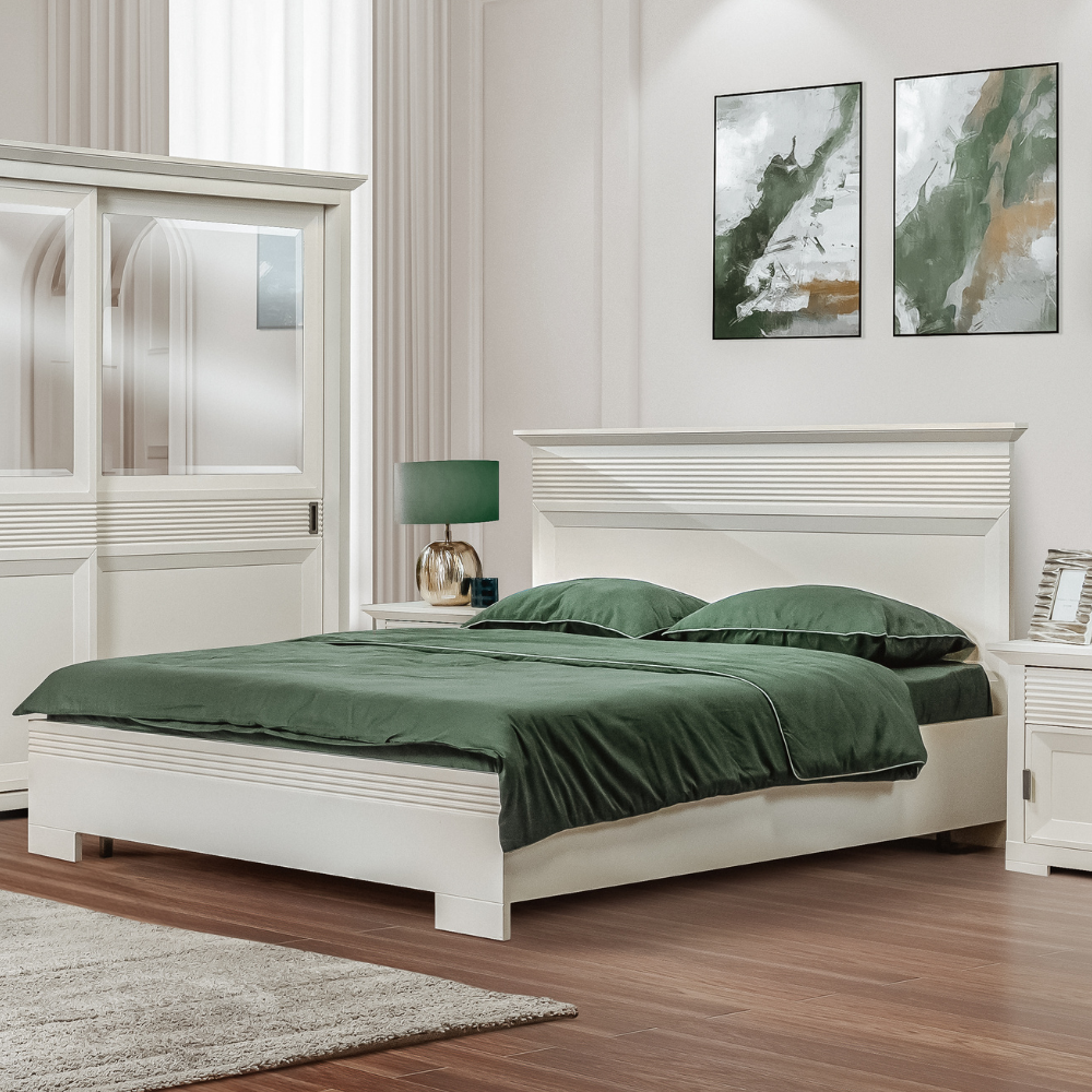 Set Dormitor Verona Bianco, Pat Cu Dimensiune saltea 180 X 200 Cm, 2 Noptiere Si Dulap