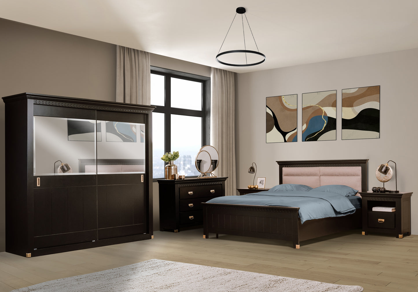 Set Dormitor Saint Tropez Negru, Pat Cu Dimensiune Saltea 160 X 200, Dulap Cu Usi Culisante, 2 Noptiere, Vopsit Negru