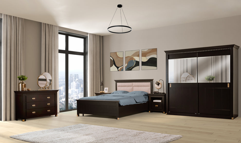 Set Dormitor Saint Tropez Negru, Pat Cu Dimensiune Saltea 160 X 200, Dulap Cu Usi Culisante, 2 Noptiere, Vopsit Negru