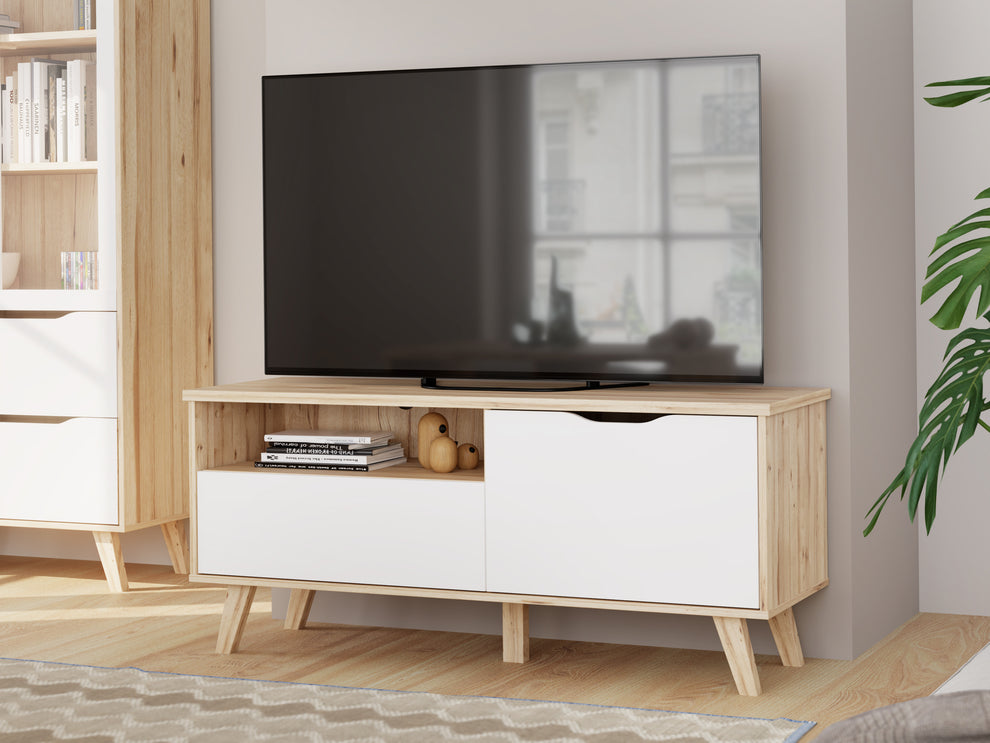 Comoda TV Mica Cu 1 Usa Si 1 Sertar Vankka, Stejar Pardosit Si Alb, 124.4 Cm
