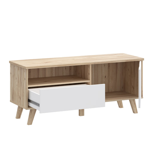 Comoda TV Mica Cu 1 Usa Si 1 Sertar Vankka, Stejar Pardosit Si Alb, 124.4 Cm