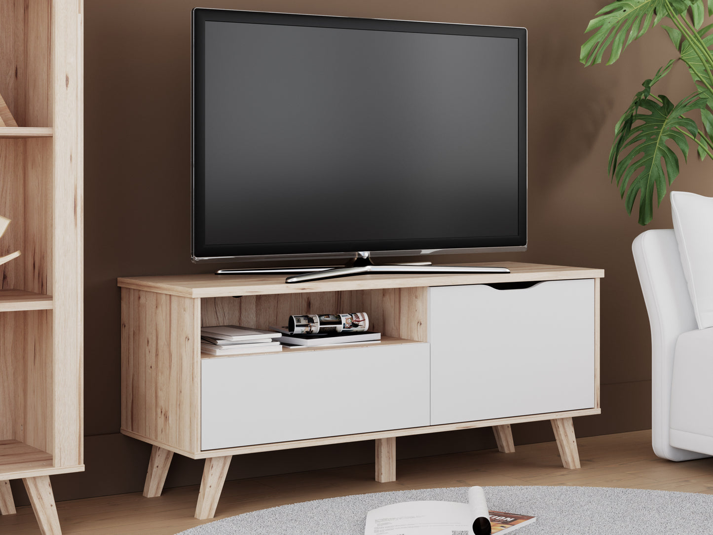 Comoda TV Mica Cu 1 Usa Si 1 Sertar Vankka, Stejar Pardosit Si Alb, 124.4 Cm