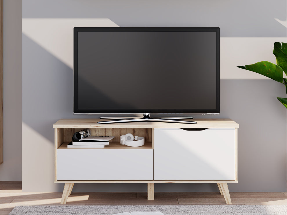 Comoda TV Mica Cu 1 Usa Si 1 Sertar Vankka, Stejar Pardosit Si Alb, 124.4 Cm
