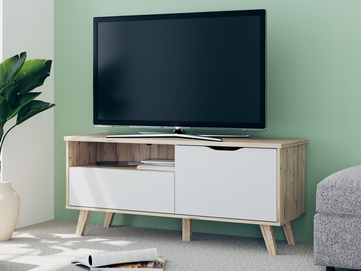 Comoda TV Mica Cu 1 Usa Si 1 Sertar Vankka, Stejar Pardosit Si Alb, 124.4 Cm
