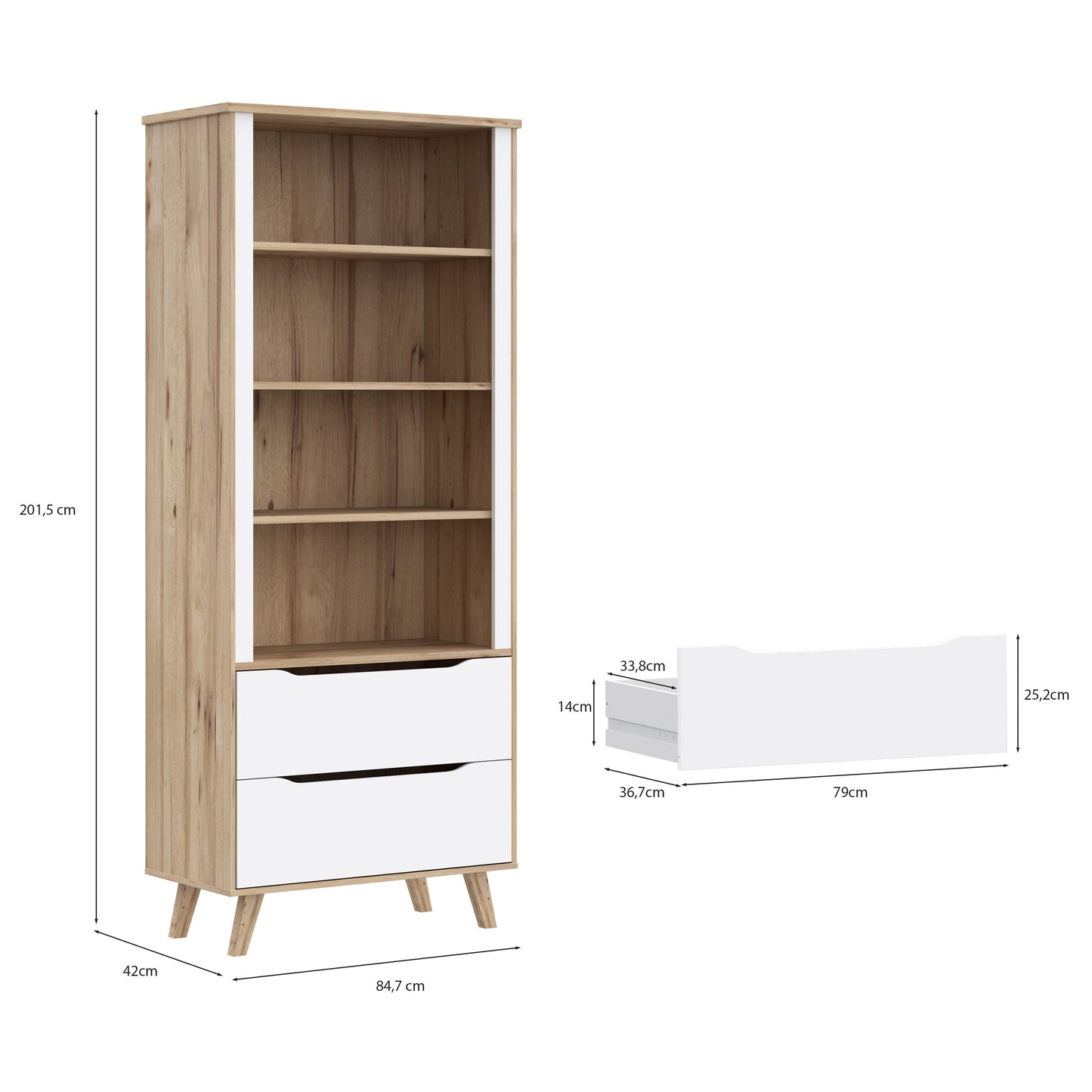 Etajera 2 Sertare Vankka, Stejar pardosit Si Alb, 84.7 Cm